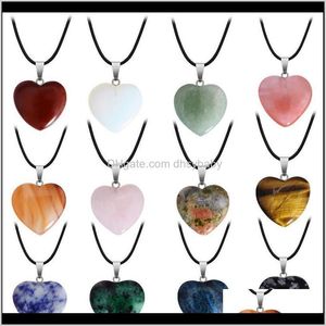 Collares Colgantes Piedra natural Colgante de piedras preciosas con cadena de cuero Pu Forma de corazón Cristal Cuarzo Turquesa Charm Neckl