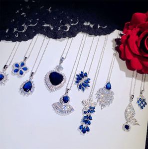 Kettingen Hangers voor vrouwen Solid 925 Zilveren Saffier Blauwe kubieke Zirconia Luxe Fijne sieraden Claviculaire keten Hoge kwaliteit Q05317474980