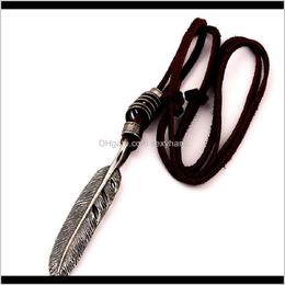 Colliers Pendentifs Bijoux Drop Delivery 2021 Mode Hommes Collier Ras Du Cou Vintage Plume D'Aigle Pendentif Marron Cordon En Cuir Longueur Ajustée