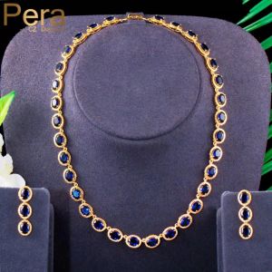 Kettingen pera luxe koninklijk blauw ovaal cz kristal vrouwen bruiloft feest ketting oorbellen bruids sieraden sets dubai gouden kleur sieraden j385