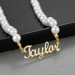 Colares personalizados nome personalizado colar de pérolas de água doce, pingente de aço inoxidável dourado com nome para menina mãe jóias presente