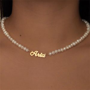 Kettingen Gepersonaliseerde Parelketting Aangepaste naamketting Roestvrij stalen dubbele naamplaatketting voor vrouwen Kinderen Babycadeau