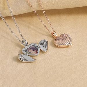 Colliers personnalisé avec vos photos collier médaillon coeur pour femme or rose/ton doré message gravé personnalisé aile mémoire strass