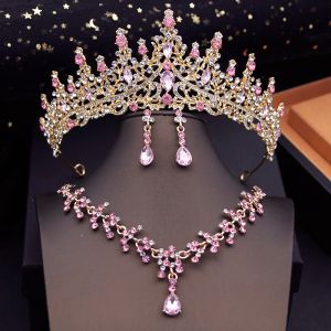 Colliers couleurs roses Tiaras Bijoux nuptiale Ensembles de bijoux pour femmes Collier de tour de cou avec Crown Wedding Marid Bride Set Costume Accessoires