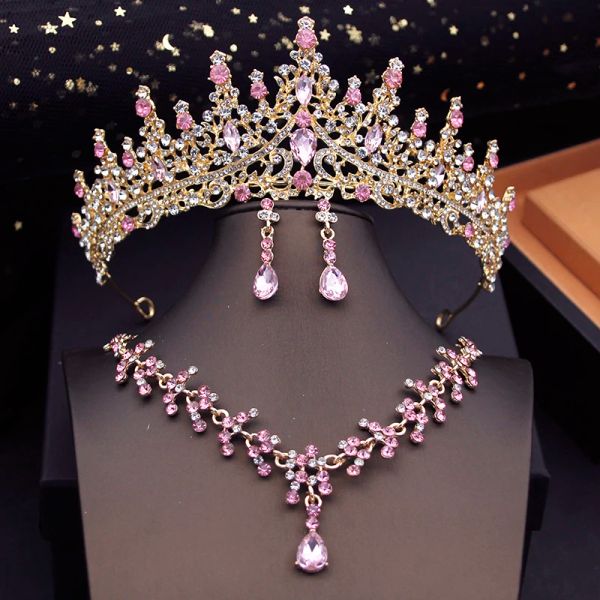 Collares Pink Colores Tiaras Juegos de joyería nupcial para mujeres Pendientes de collar de gargantilla con accesorios de vestuario de novia de boda de la corona