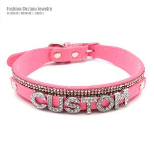 Collares Rosa Suave Microfibra Cuero Diamante Rhinestone Letras Collar Personalizado Gargantilla Collar Mujeres Hombres Sexy Nombre Personalizado Joyería