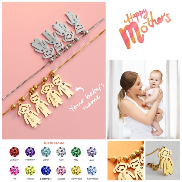 PolishedPlus Collier personnalisé pour femme, cadeau personnalisé avec nom, breloque de bébé mignon avec pendentif pierre de naissance, fête des mères