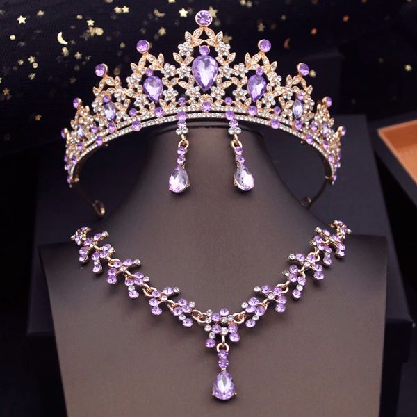 Colliers Princess Crown Bridal Jewelry Ensembles pour filles Tiaras Blue Choker Collier Robe de mariée de mariée