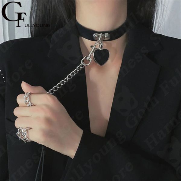 Colliers PU Le cuir tour de cou avec chaîne sexy punk noir noir pendant collier collier harniel femmes