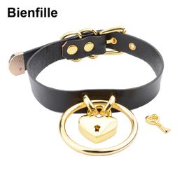 Collares Gargantilla gótica punk hecha a mano 100% de cuero auténtico 60 mm O Collar redondo de oro Collar de corazón de amor Kawaii Gargantilla BDSM con cerradura para mujer