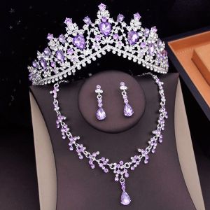 Colliers Purple Colours Mariage Couronne Bijoux Bijoux pour femmes Collier de cou Collier Tiaras Boucles d'oreilles Boucles d'oreilles Bijoux Prom Costume ACCESSOIRES