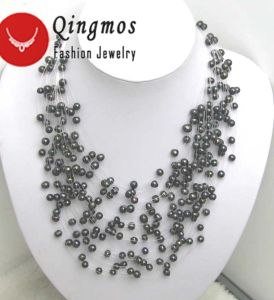 Colliers Qingmos collier de perles noires naturelles pour femmes avec 67mm ronde d'eau douce 20 brins de perles étoilées 18 
