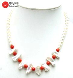 Colliers Qingmos Collier de perle nature pour les femmes avec 67 mm ronde 1215 mm biwa perle 6 mm Collier de corail rouge 17 '' NEC6126