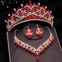 Kettingen Red Crystal Crown Wedding Sieraden Set voor vrouwen Tiaras en Dubai Neckring Earring Bridal Headwar Crown Set accessoire