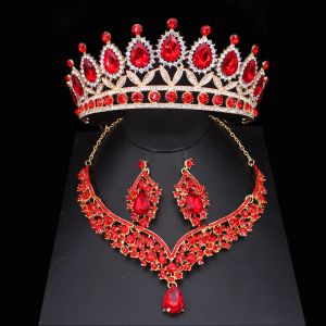 Kettingen Red Crystal Wedding Bruids sieraden Sets voor vrouwen Girl Princess Tiara/Crown oorram ketting Pageant Prom sieradenaccessoires