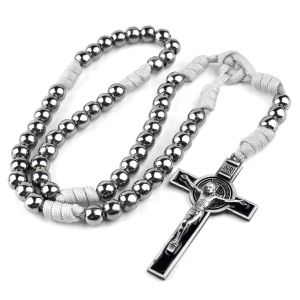 Collares Rosarios religiosos de Paracord Cuentas de hierro de 10 mm Pistola de bronce antiguo Rosario católico negro de San Benito para hombres