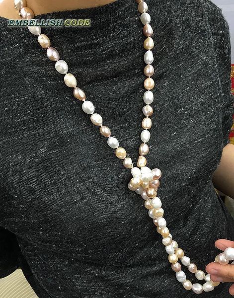 Collares Cuerda anudada estilo retorcido 120 cm buen brillo semi barroco collar largo de perlas irregulares Perlas de agua dulce de colores mezclados para mujeres