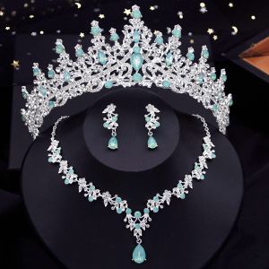 Kettingen Royal Queen Opal Tiara Bride Sieradensets voor dames ketting oorbellen ingesteld met Crown Prom Wedding Bridal -kostuumaccessoires