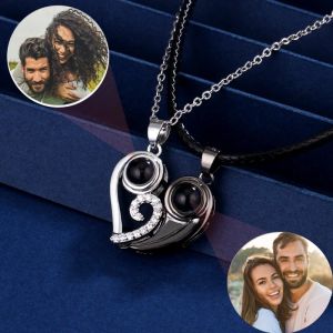 Kettingen s925 Aangepaste Hart Ketting Foto Gepersonaliseerde Foto Hanger Paar Sieraden Set Zwart Zilver Liefhebbers Voor Mannen Vrouwen Memorial Gift