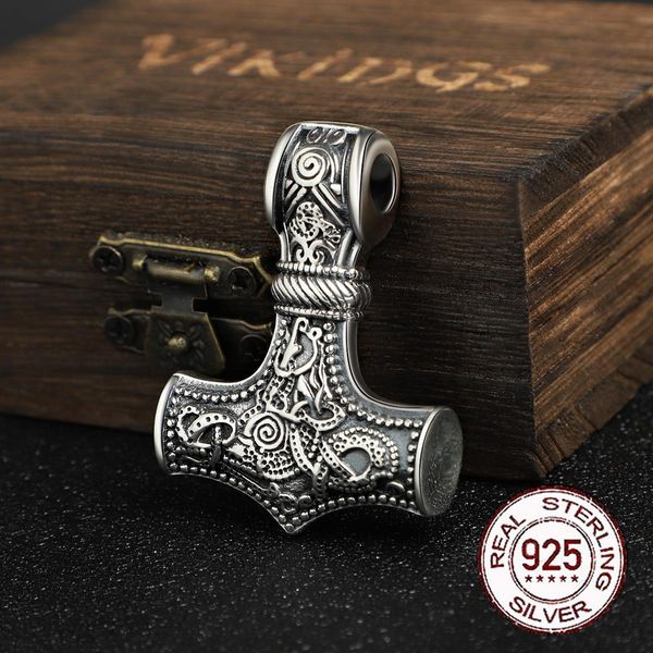 Colliers S925 argent Sterling nordique Viking marteau de thor mjolnir pendentif collier avec chaîne en cuir boîte en bois comme cadeau livraison directe