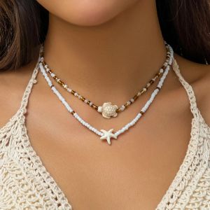 Colliers Salicon Bohemian Double Seed Perle Chaîne Clavicule Collier Vintage Acrylique Turt Les étoiles de mer Pendent Choker Femme's Beach Jewelry