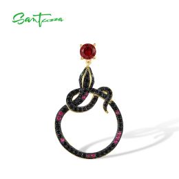 Colliers Santuzza Pure Sterling Sier Pendentif pour Femmes Sparkling Noir Spinelle Rouge Cristal Serpent Animal Rond À La Mode Fine Bijoux