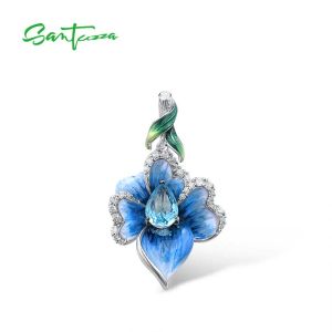 Colliers Santuzza Sier pendentif pour femmes pur Sterling Sier exquis bleu orchidée fleur pendentif bijoux fins émail fait à la main