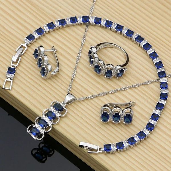 Colliers Sier ensembles de bijoux bleu naturel zircon cubique Kits de bijoux fantaisie bijoux indiens pour femmes ensemble de collier boucles d'oreilles cerceau
