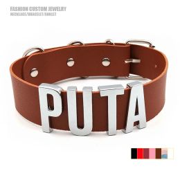 Kettingen zilveren kleur grote brief sexy puta aangepaste naam kettingen voor vrouwen mannen gepersonaliseerd bruin lederen choker kraag cosplay sieraden