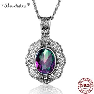 Colliers Silverchakra Big Mystic Topaz Gem Gem Victorian rétro Pendant Colliers pour femmes Floral Filigree Handmade 925 Silver Fine Jewelry