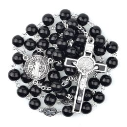Colliers St Benedict Rosaries 8 mm Perles de verre noir Rosaire catholique religieux