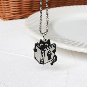 Kettingen roestvrij staal schattige zwarte kat hanger ketting voor vrouwen mannen mode grappig leesboek kitten doos ketting ketting sieraden geschenken