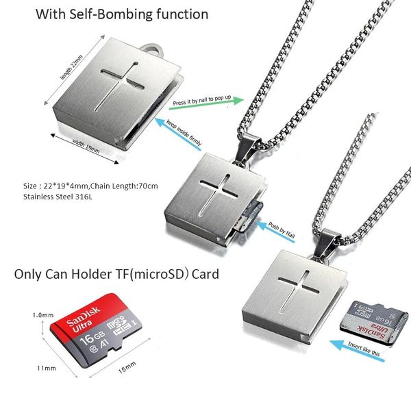 Colliers en acier inoxydable TF, porte-carte micro SD, fente de bombardement, collier croisé