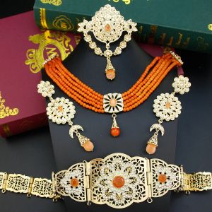 Colliers Sunspicems Maroc Bride Bijoux Ensembles pour femmes Couleur de couleur or ceinture de chaîne d'orange Crystal Collier Collier de boucle d'oreille Broche