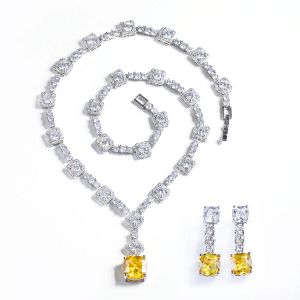 Colliers super brillant Big carré jaune cubique zirconi en pierre de mariage Collier de mariée Collier d'oreilles de fête de bijoux pour femmes T0726