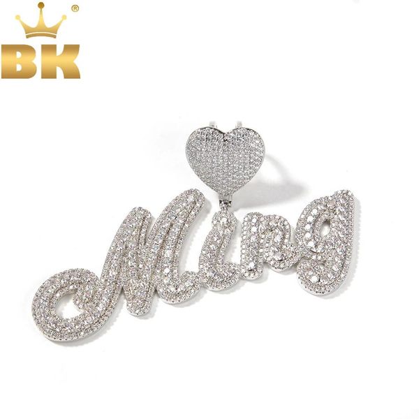 Colliers The Bling King Heart Bail Custom Brush Script Bubble Lettre Deux tons Pendentif Micro Pavé CZ Collier personnalisé Hiphop Bijoux