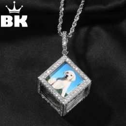 Kettingen de bling king heren 3d kubus aangepaste geheugen foto hanger ketting ijs uit 5a cz 14k goud vergulde gepersonaliseerde 6 zijden foto's