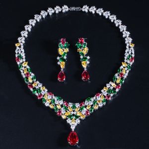 Kettingen drie groepen hoogwaardige multicolor kubieke zirkonia stenen luxe oorbellen ketting bruiloft bruids sieraden set voor bruiden tz980