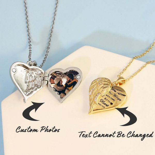 Colliers Petit médaillon coeur en or avec photos pendentif médaillon coeur ange collier gravé personnalisé chaîne photo personnalisée pour elle