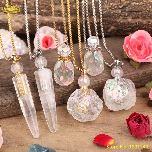 Collares Titanio Bainbow Cuarzo blanco natural Botella de perfume Colgante Collar Mujeres Aura Cristal áspero Difusor de piedra Vial Joyería