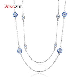 Colliers Tongzhe 925 Collier en argent sterling pendentif rond Colliers pour les yeux Blue Zircon Long Link Chain de dinde bijoux de dinde pour femmes