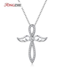 Kettingen Tongzhe Angel Cross Pendant Necklace for Ladies 925 Sterling Silver Double Wings Party Birthday Sieraden Gift