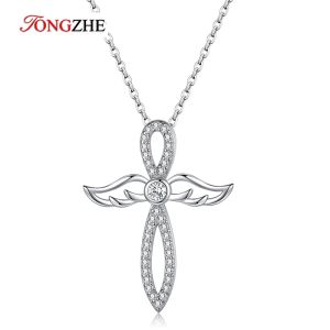 Colliers Tongzhe Angel Cross Pendant Collier pour dames 925 Sterling Silver Double Wings Party Birthday Bielry Gift