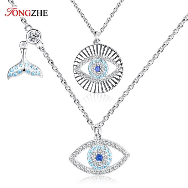 Colliers TONGZHE queue de poisson chanceux mauvais œil CZ 925 collier en argent Sterling femmes bleu cristal pendentif turquie bijoux en gros Lots en vrac