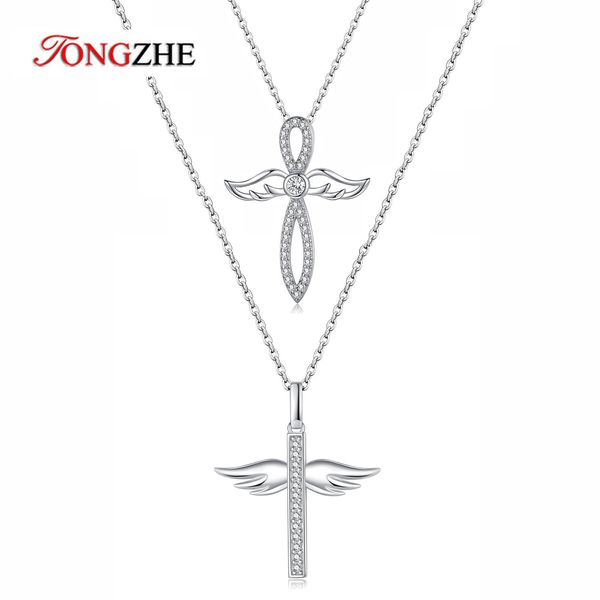 Colliers TONGZHE Hope Love Cross Collier pour femmes Bijoux 925 Sterling Argent Cristal Foi Collier pour Amant Couple Cadeau