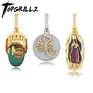 Colliers TOPGRILLZ Pendentif pour hommes Langue verte Animal Scorpion Vierge Marie Hip Hop Pendentif Glacé Zircone Cubique Bijoux De Mode Cadeau