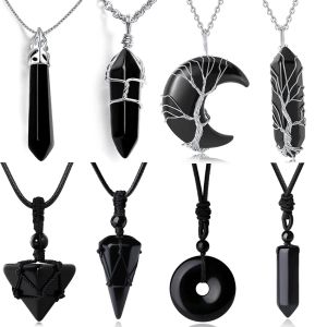 Colliers arbre de vie fil enveloppé naturel noir onyx hexagonal lune pendentif pyramide ping colliers tissés à la main