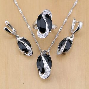 Colliers tendance noire cubique zircone Persones de naissance blanches 925 Bijoux en argent sterling ensemble pour femmes boucles d'oreilles de fête / pendentif / collier / bague