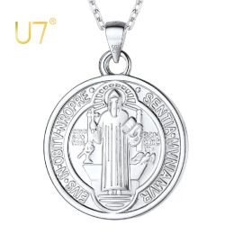 Colliers U7 925 Sterling Silver Coin Saint Benodict Collier délicat Sacramente Médaille Pendant religieux Catholic Unisexe Bijoux