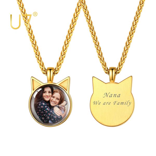 Collares U7 Collar de Foto Convexo Joyería Personalizada Colgante Redondo de Acero Inoxidable con Forma de Oreja de Gato Personalizado con Imagen